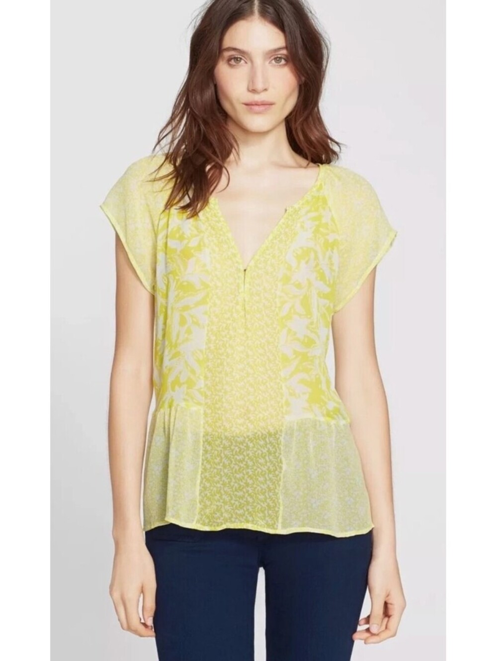 Joie Anerae Silk Blouse Top M Lime Green Cap Sleeve Semi Sheer 100% Silk